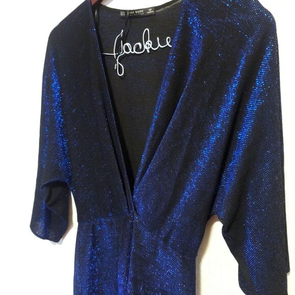 Zara Blue Shimmer Sparkle Lurex V-Neck Crossover Midi Dress Cocktail Size XS - Picture 2 of 13